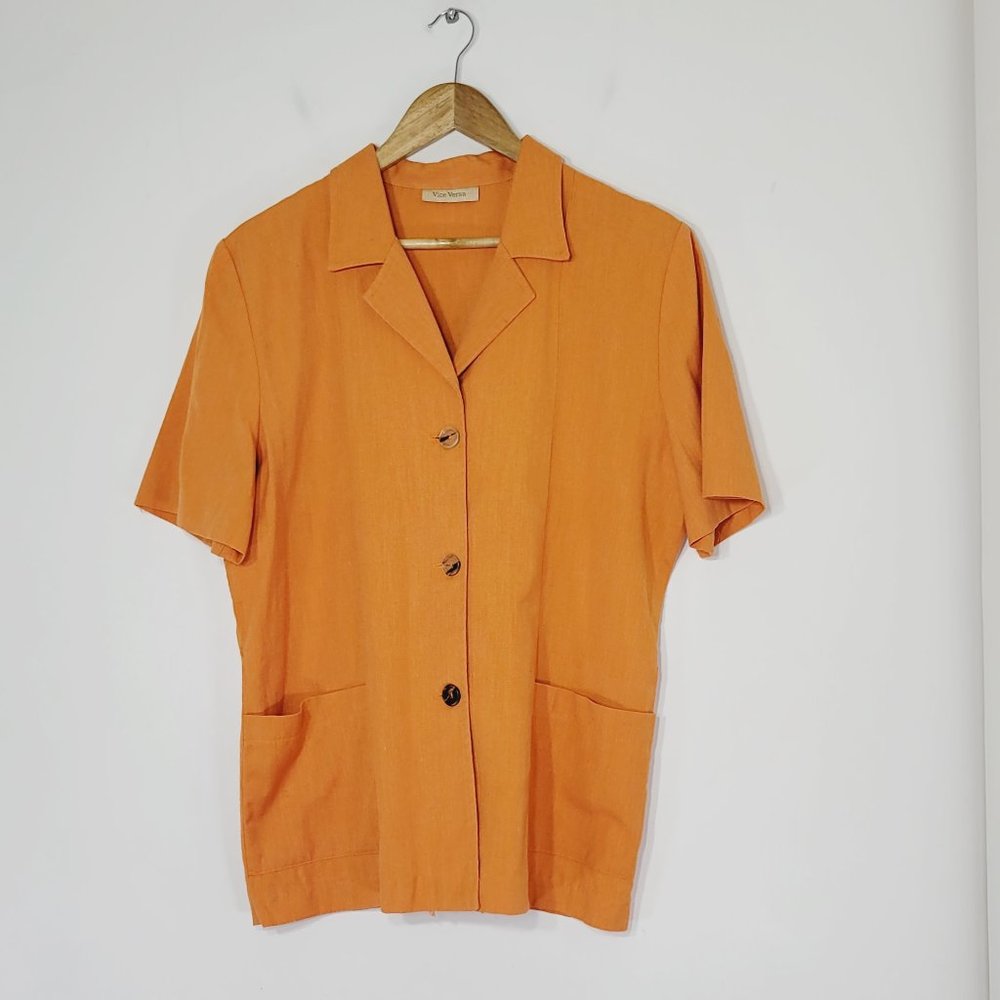 Vice Versa Vintage Blouse Smock Short Sleeve Orange Linen Blend Collared Pockets